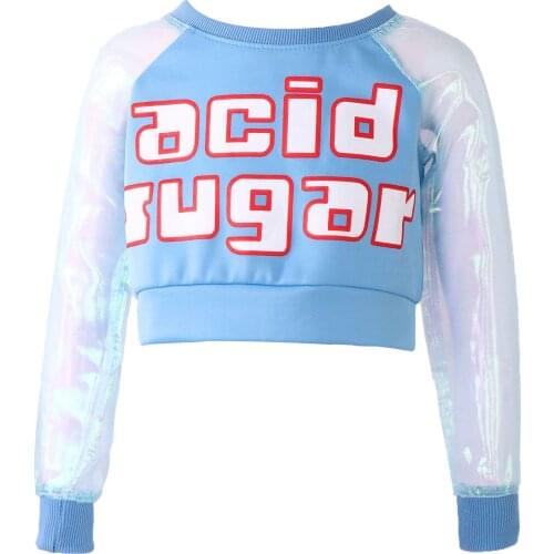 Kids Girls See-through Glittering Mesh Long Sleeves Alphabet Print Cropped T-shirt for Modern Dance Jazz Gymnastics Dancewear