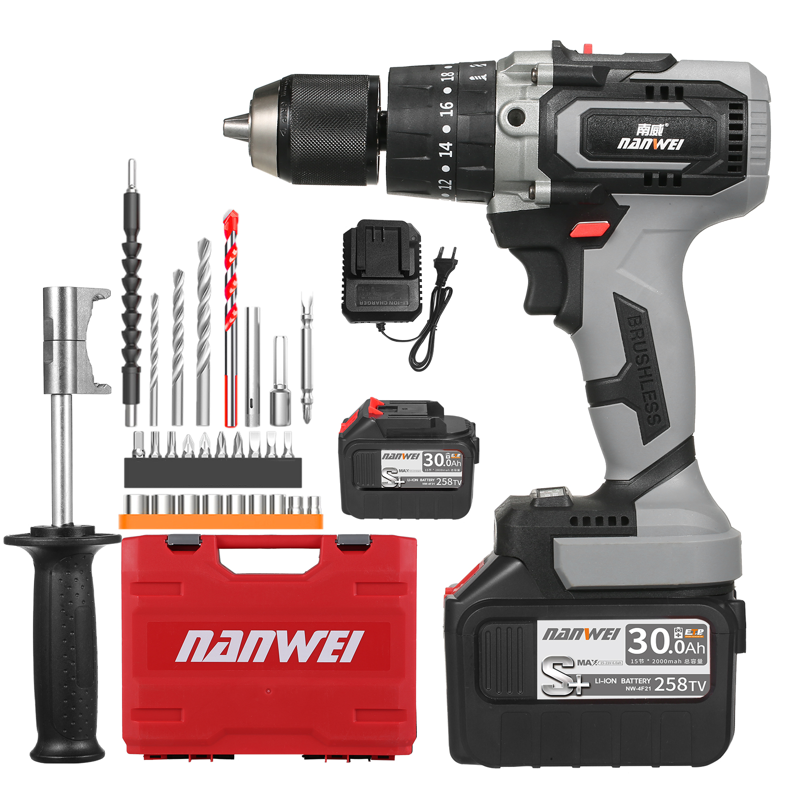 Cordless Drill Driver Brushless Electric Drill 21V 6.0A /4.0A Battery Variable Speed Impact Hammer Drill Cordless Screwdriver