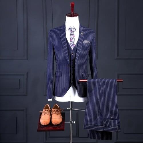 Fad Latest Coat Pant Designs Navy Blue Stripes Men Suit Slim Fit 3 Piece Suits Pattern Tuxedo Custom Suits Groom Blazer Ternos