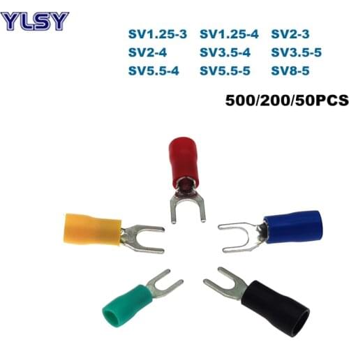 500/200/50Pcs Spade Insulated Crimp Terminals Electric Lug Wire Cable Connector SV1.25~SV8 Furcate Ferrules 22-8AWG 0.5-10mm2