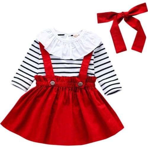 Casual Clothes Set Baby Girls Round Collar Ruffled Splicing Long Sleeve Stripe Printing Spring Autumn Tops Strap Skirt Headband