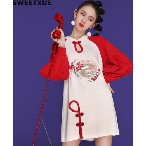SWEETXUE Retro Chinese Style Disc Buckle Cheongsam Dress Trendy Womens Fashion Embroidery Plus Size Mini Ladies Dresses Qipao