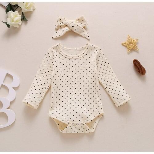 Lovely Bodysuits For Baby Girls Boys Autumn Spring Clothes Suits 2pcs Polka Dot Ribbed Long Sleeve Romper+Headband Children Set