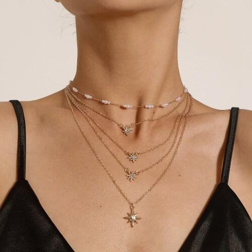 Multi-layer Fashion Crystal Star Necklace Pendant For Women Exquisite Personality Simple Clavicle Choker Pearl Necklace Jewelry