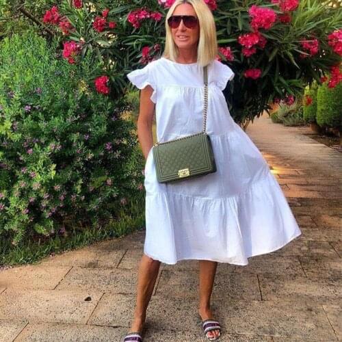Monochrome 2021 New Fashion O-neck Casual Womens Dress, Lantern Short-sleeved Solid Color Dress, Elegant A-line Summer Dress