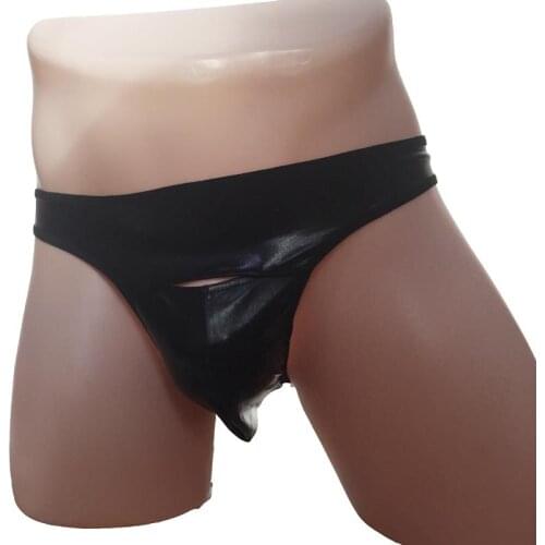 Men Sexy Faux Leather Wet Look Bikini Boxer Brief Crotch Hole Trunks Thong Underwear Hot Shorts Under Pants Fetish Lingerie