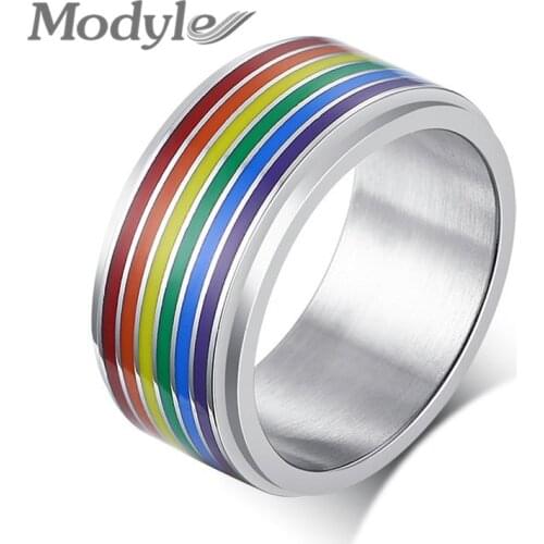 Modyle 8mm Spinner Stress Release Ring for Men Stainless Steel Rainbow Lines Finger Band Casual Pride LGBT Jewelry