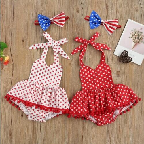 Newborn Baby Independence Day Outfits Baby Girl Sleeveless Tie Up Pentagram Print Halter Romper with Pompom Bowknot Headband