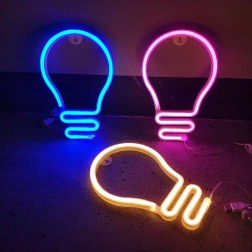 New LED Neon Light Bulb Shape Wall Art Sign Bedroom Decor Rainbow Hanging Night Lamp Home Party Holiday Decor Xmas Gift