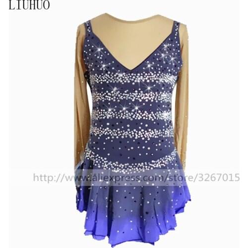 Figure Skating Dress Womens Girls' Ice Skating Dress Grey long sleeved style Striped pattern water drill decoration Handmade