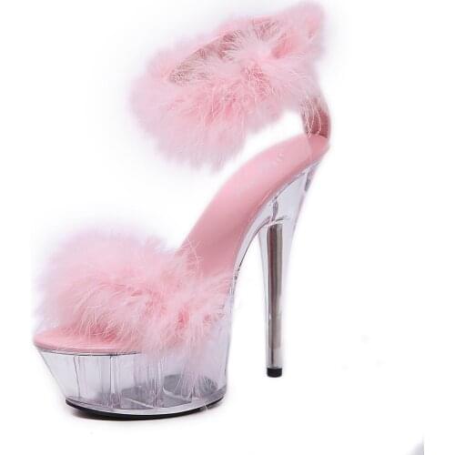 Girls Nightclub Party 15cm High Heel Crystal Wedges Sandals For Women Sandalia Feminina Artificial Fur Transparent Sandals Shoes