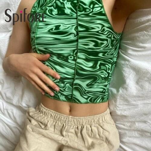 Spifore Green Sleeveless Sexy Crop Top Women Summer Fashion Streetwear Tie Dye Printed Vintage Off Shoulder Y2k Tank Top Femme