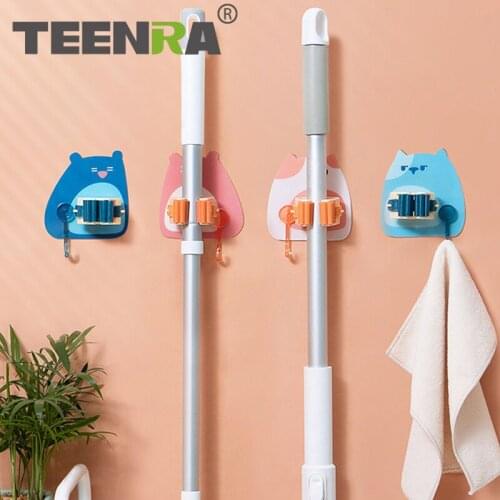 TEENRA Mop Rack Broom Holder Hook Strong No Trace No Hole Mop clamp Bathroom Wall Hanger Household Supplies Kitchen Accessories