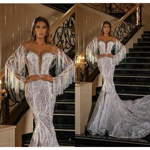 Sparkly South African Luxury Mermaid Wedding Dresses Beading Tassel Long Sleeve Bridal Gowns Vestido De Novia Sexy Illusion Robe