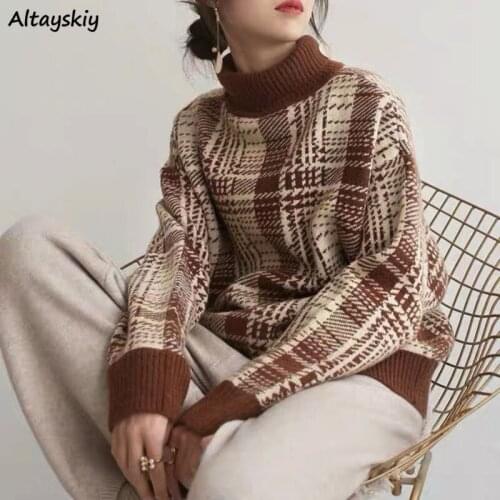 Turtleneck Sweater Women Plaid Simple Casual Korean Style College Elegant Female All Match Popular Trendy Loose Soft Autumn Ins