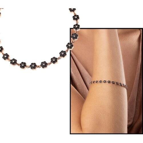 Tesbihane Black Zircon Stone Daisy Design Full Tour 925 Sterling Silver Women Bracelet