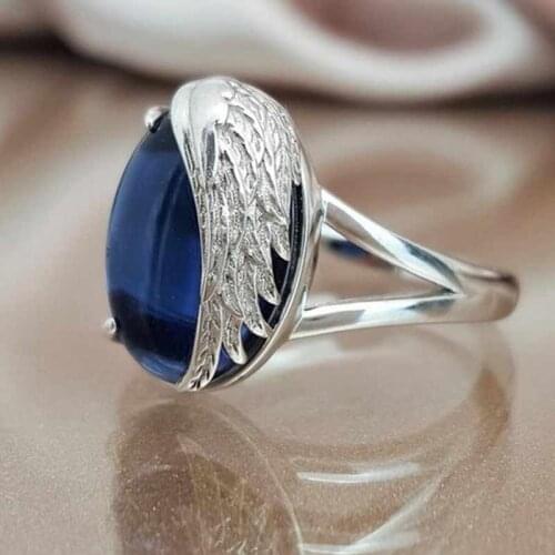JK Vintage Ethnic Cocktail Party Rings For Ladies Fashion Half Angle Wings With Deep Blue Stone Women Party Ring Hot Selling