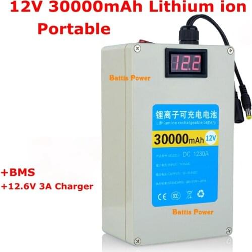 Waterproof case portable 12v 30000mAh lithium ion battery pack with voltage display rechargable for Backup battery+3A charger