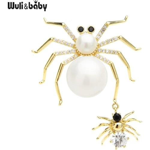 Wuli&baby New Design Cute Pearl Mom Baby Spider Brooches Women 2-color Czech Rhinestone Insects Casual Office Brooch Pins Gifts