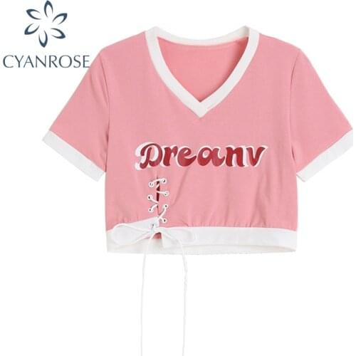 Korean Style V Neck Bandage Letter Short Sleeve T Shirt For Women 2021 Summer New Design Harajuku Skinny Tee E-girl Crop Tops