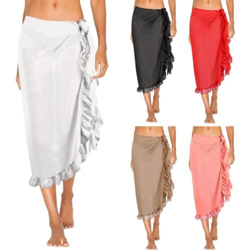 Women Solid Color Beach Long Skirt Ruffles Sarong Wrap Bikini Cover Up Swimsuit