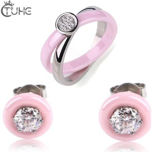 Pink Cubic Zirconia Healthy Ceramic Jewelry Sets Stud Earrings Rings For Women Stainless Steel Wedding Jewelry Free Gift Box