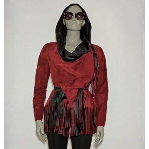 Spring Autumn Women Double Sided Hooded Cloak High Quality Red Suede %100 Genuine Leather Comfortable Fringed Famale Poncho