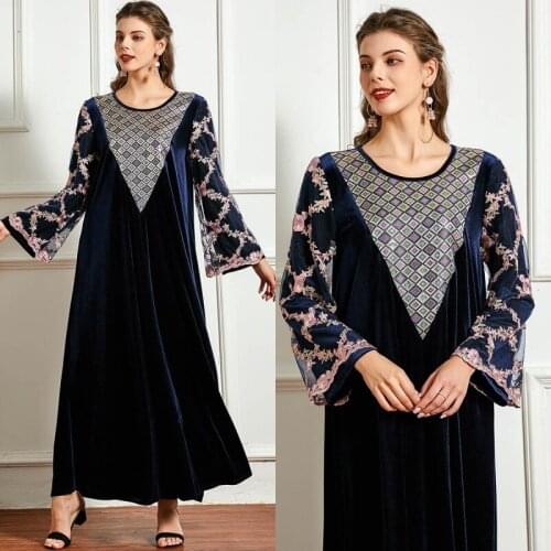 Retro Style Ladies Elegant Women Long-sleeved Dress Sleeve Stitching Embroidery Decoration Jacquard Dress Banquet Dress Abaya