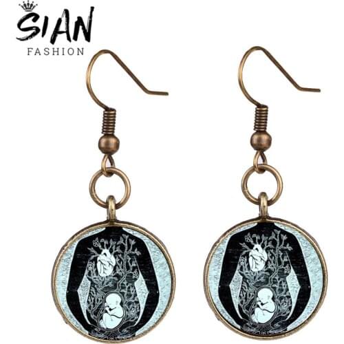 SIAN Pregnant Mom Art Picture Long Earrings Leonardo Fetus Baby Drawing Life Tree Glass Dangle Earring Mother Pregnancy Souvenir