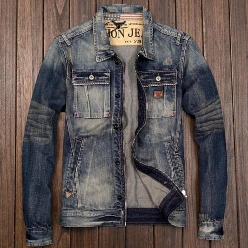 Motorcycle Mens Zipper Biker Denim Jacket Japanese Style Retro Slim Fit Young Man Jeans Coat Spring Autumn Drop Shipping
