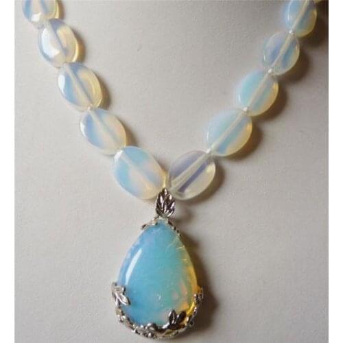 FREE shipping> >>>>Stunning 13x18mm White Moonstone & Opal Pendant Necklace 18"AAA+S+A+W