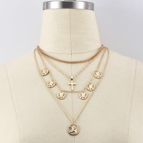 New Women Fashion Cross Leaf Pendant Necklace Multilayer Clavicle Chain Personality Party Wedding Necklace Jewelry Wholesale