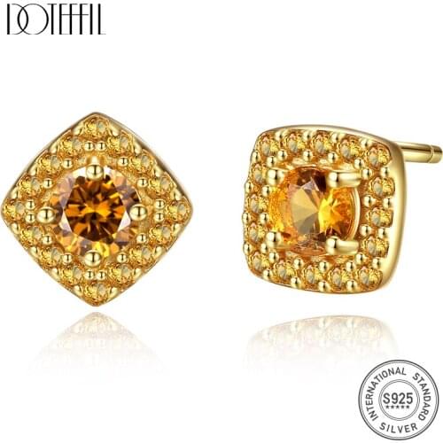 DOTEFFIL New 925 Sterling Silver Citrine Stud Earrings for Women Yellow Crystal 18K Gold Plated Women Earring Jewelry Orecchini