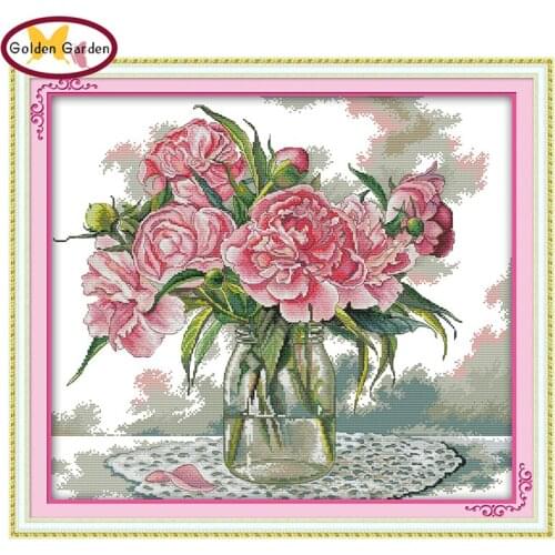 GG Peony Stamped Cross Stitch Patterns DIY Kits 14CT Cotton Needlework Embroidery Sets Joy Sunday Cross Stitch for Home Decor