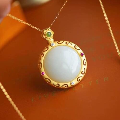 Natural Hetian Jade Safety Buckle Pendant Female Jade Ethnic Style Necklace Retro Personality Safety Buckle Hollow Pendant Fema