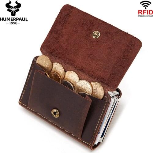 Fashion Crazy Horse Leather Men Coin Purse Leather Hasp Coin Wallet RFID Aluminium Credit Card Holder New Bank Cardholder Case