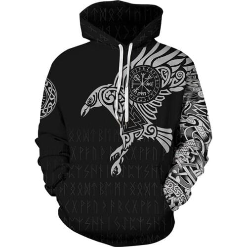 Unisex Vikings Tattoo Viking Warriors Black Hawk Harajuku Print Hooded Polyester Jacket Women Men Cltothes casual Hoodie