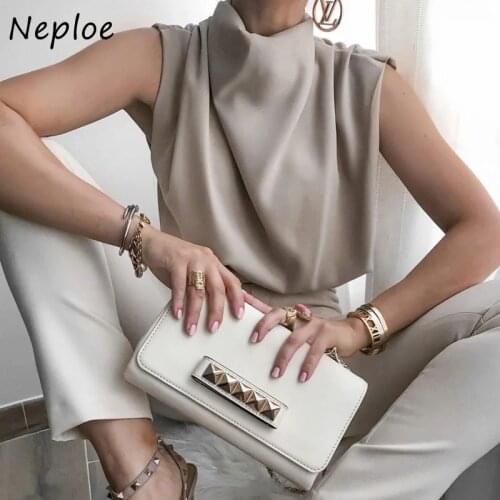 Neploe High Neck Sleeveless Shoulder Strapless Sexy Blouse Women Sleeveless Solid Work Style Summer 2021 New Blusas All Match