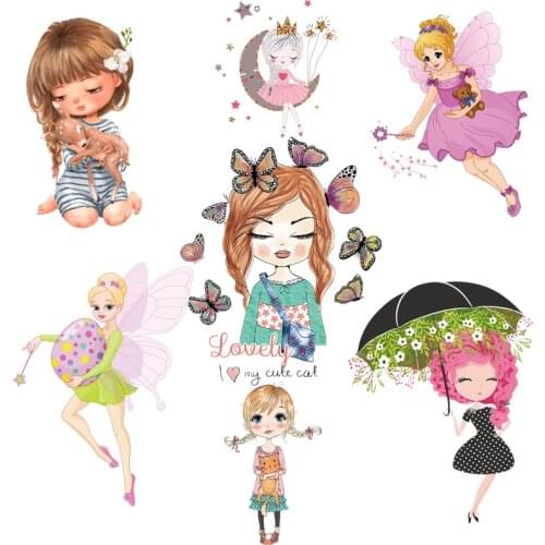 Cartoon Girl Butterfly Animal Applique Iron On Transfer For Clothing Diy Thermo Stickers On Clothes Thermal Transfer For Clothes
