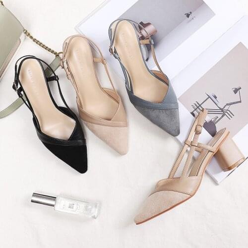 Sandals Women Mid Heel Summer Slip-on Buckle Ladies Shoes Flock Buckle Strap 3.5CM Thin High Heels Pointed Toe Shallow Back Stra