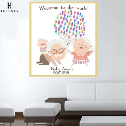Happy Family Lovely Grandparents with Kid DIY Finger Print Souvenir Guest Book Customized Gift for Baby Shower Welcome My Child