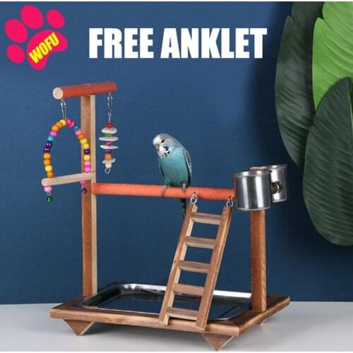 WOFUWOFU Wooden Bird Perch Stand Parrot Platform Playground Swing Bridge Wood Climb Ladders With Cuttlefish Bone Feeder Cups