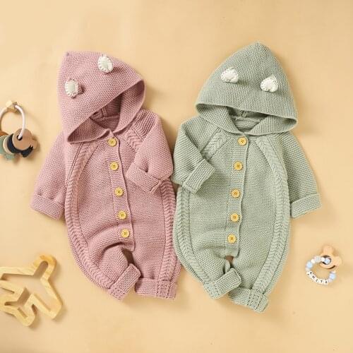 Baby Hooded Romper with Cartoon Ear Decoration Single Breasted Solid Color Loose Version Jumpsuit Spring Autumn Clothing