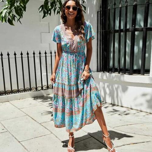 Super Chic bohemian floral print V-neck cotton summer dress flare sleeve chic long summer dress new hippie chic boho woman dress