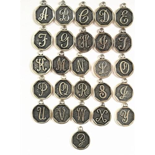 10pc round Ancient silver color Disc Pendant Alphabet A-Z Letter Tag Charms Stamp Initial Jewelry 20mm Beads For Jewelry Making