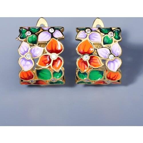 2021 Fashion Cubic Zirconia Crystal Flower Stud Earrings for Women Yellow Gold Enamel Bohemia Ear Stud Valentine Day Gift