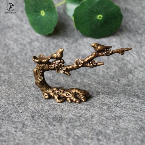 Antique Copper Magpie Plum Blossom Pen Holder Small Ornaments Brass Bird Tree Figurines Home Decor Accessories Desk Decorations