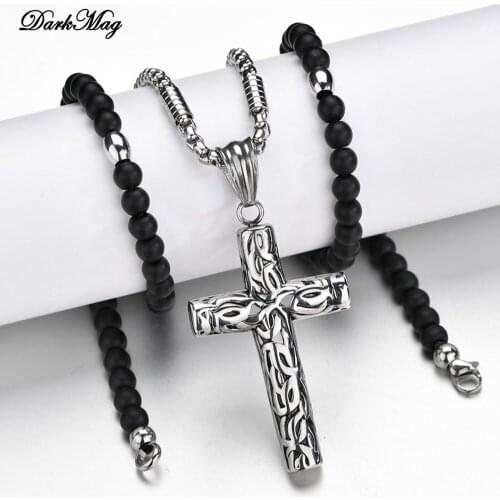 DarkMag Black stone Beads with Stainless Steel cross Pendant Mens Rosary Necklace Mens Mala jewelry