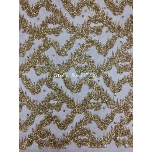 Fast shipping gold color glued glitter print african mesh tulle lace with beads for wedding/evening dress/party