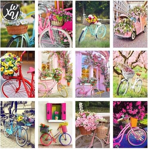 Flower Bicycle Diamond Painting Kits for Adult Fresh Flowers Full Diamond Embroidery Diamond Mosaic Home Decor Family Handicraft